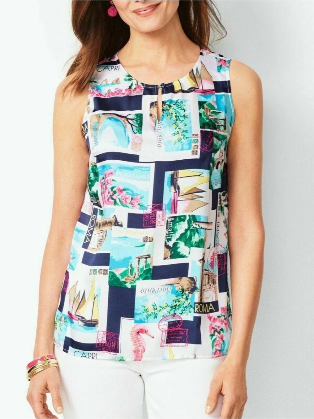 Talbots Women's Keyhole Sleeveless Postcard Print Top large shirt vacation